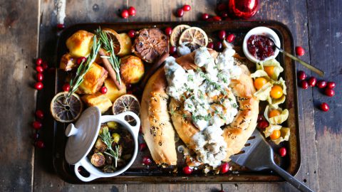 Leek & Chestnut Filo Swirl With Creamy Mushroom Sauce
